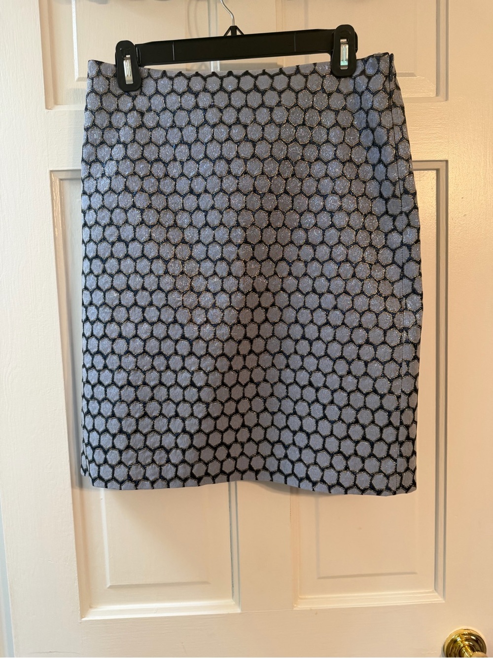 J. McLaughlin Blue Black Geometric Jacquard Skirt Size 6 Shimmer Pencil Skirt